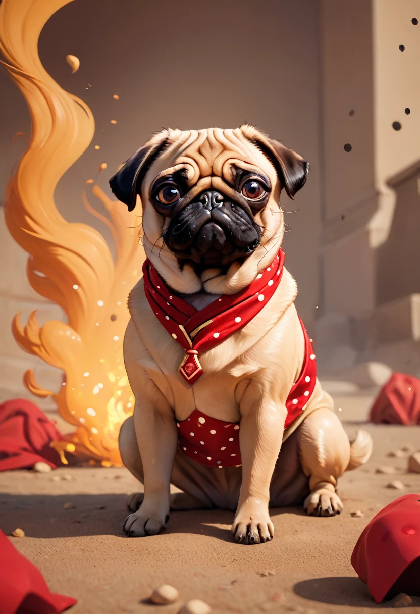 angry red Pug with fiery hair on its head, symbolizing its intense emotions. The Pug is dressed in a beige shirt and a white tie with red dots, giving it a unique and humorous appearance. It sits with its paws on the ground, showcasing its entire body. The background is a warm, golden tone, contrasting with the Pug's fiery hair, creating a vivid and dramatic scene.