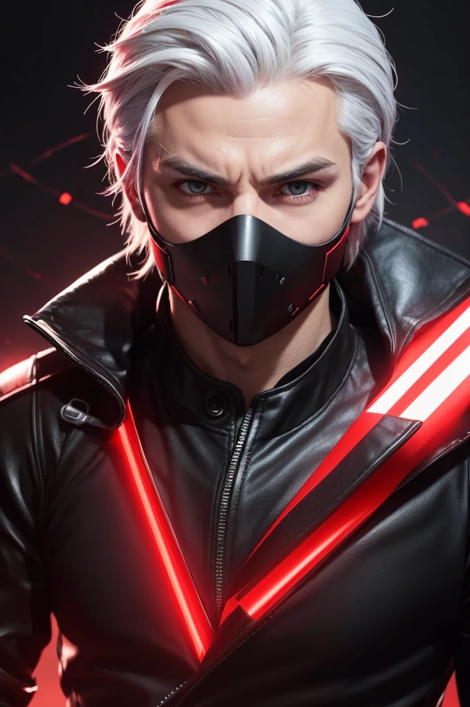 I want a male character with white hair tied back with red lights coming out of his eyes, black mask with red lines, black high hoop shirt and some red rays in the background