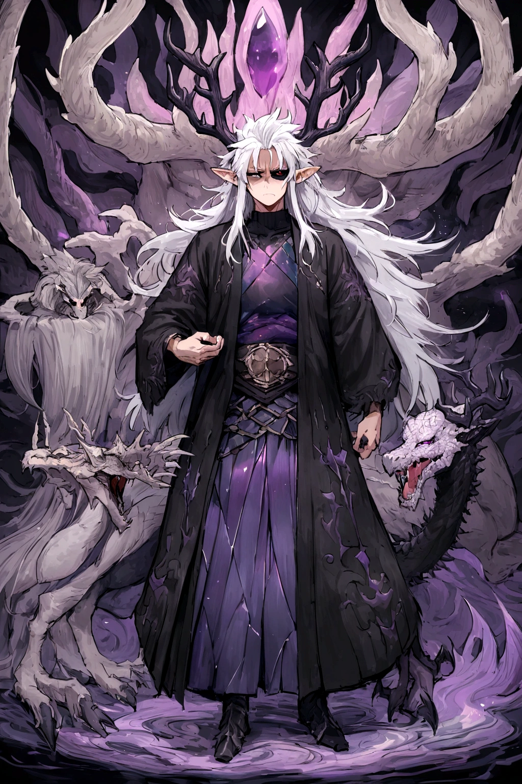 solo, 20 year old male, character fusion,  nidhogg fused with odin and sun wukong, tall tanned man with wild unruly white hair, bangs on face, bangs, ((iridescent irises)), black sclera on eyes, long voluminous hair, spiky hair, pointy ears, fit , clawed fingers, dragon tail, open haori, turtleneck tanktop, manly jaw, dark crystal antlers, exhausted expression, khaenr'ah abyss, draconic person, calamity incarnate,  full body