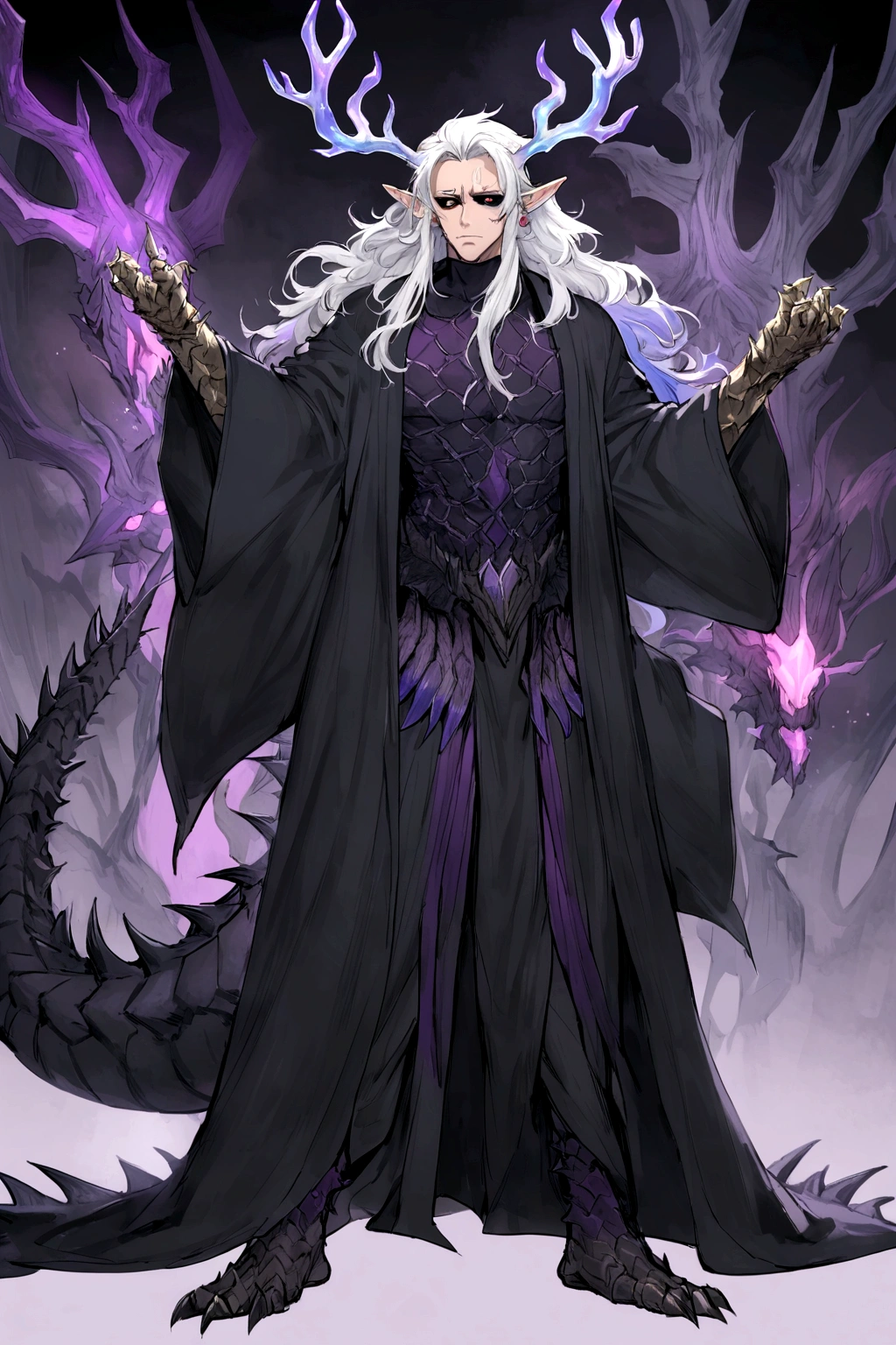 solo, 20 year old male, character fusion, nidhogg fused with odin and sun wukong, tall tanned man with wild unruly white hair, bangs on face, bangs, ((iridescent irises)), black sclera on eyes, long voluminous hair, spiky hair, pointy ears, fit , clawed fingers, dragon tail, open haori, turtleneck tanktop, manly jaw, dark crystal antlers, exhausted expression, khaenr'ah abyss, draconic person, calamity incarnate, full body