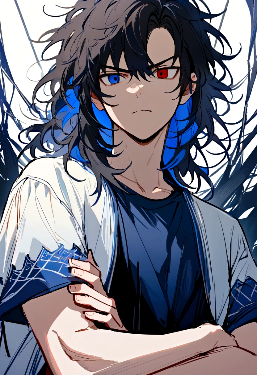 age boy, Messy hair, Medium length hair, black hair with blue highlights, dark brown and blue eyes heterochromia, serious face, dark blue t-shirt with dark red details, short sleeve loose jacket, crossed arms, best qualityer, fine-detailed