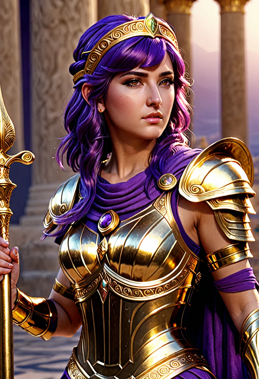 Athena, greek goddes, powerfull, purple hair, Golden armour, holding a scepter, realistic, very detailed, 4K