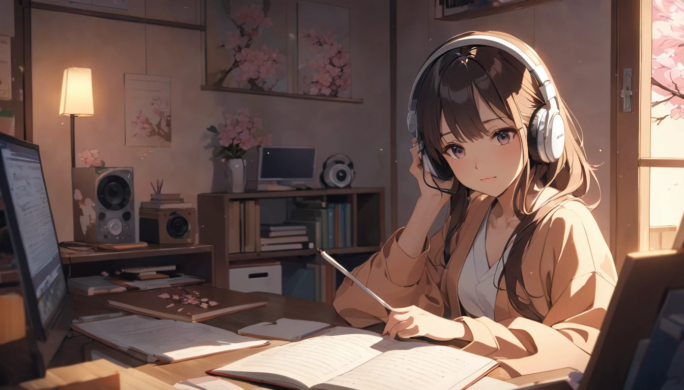 Beautiful girl studying while listening to music with headphones in her room, warm lighting, cherry blossoms blooming outside the room, Japanese anime style