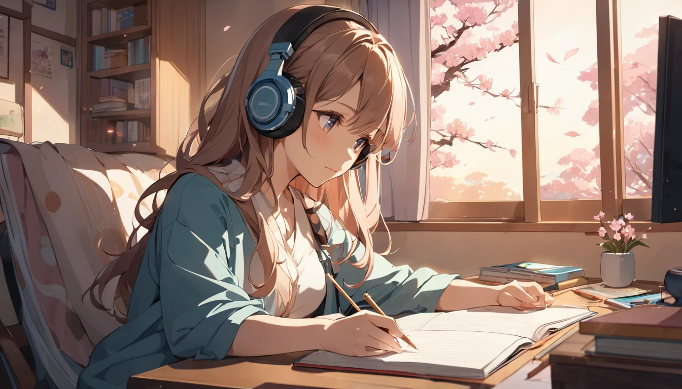 Beautiful girl studying while listening to music with headphones in her room, warm lighting, cherry blossoms blooming outside the room, Japanese anime style