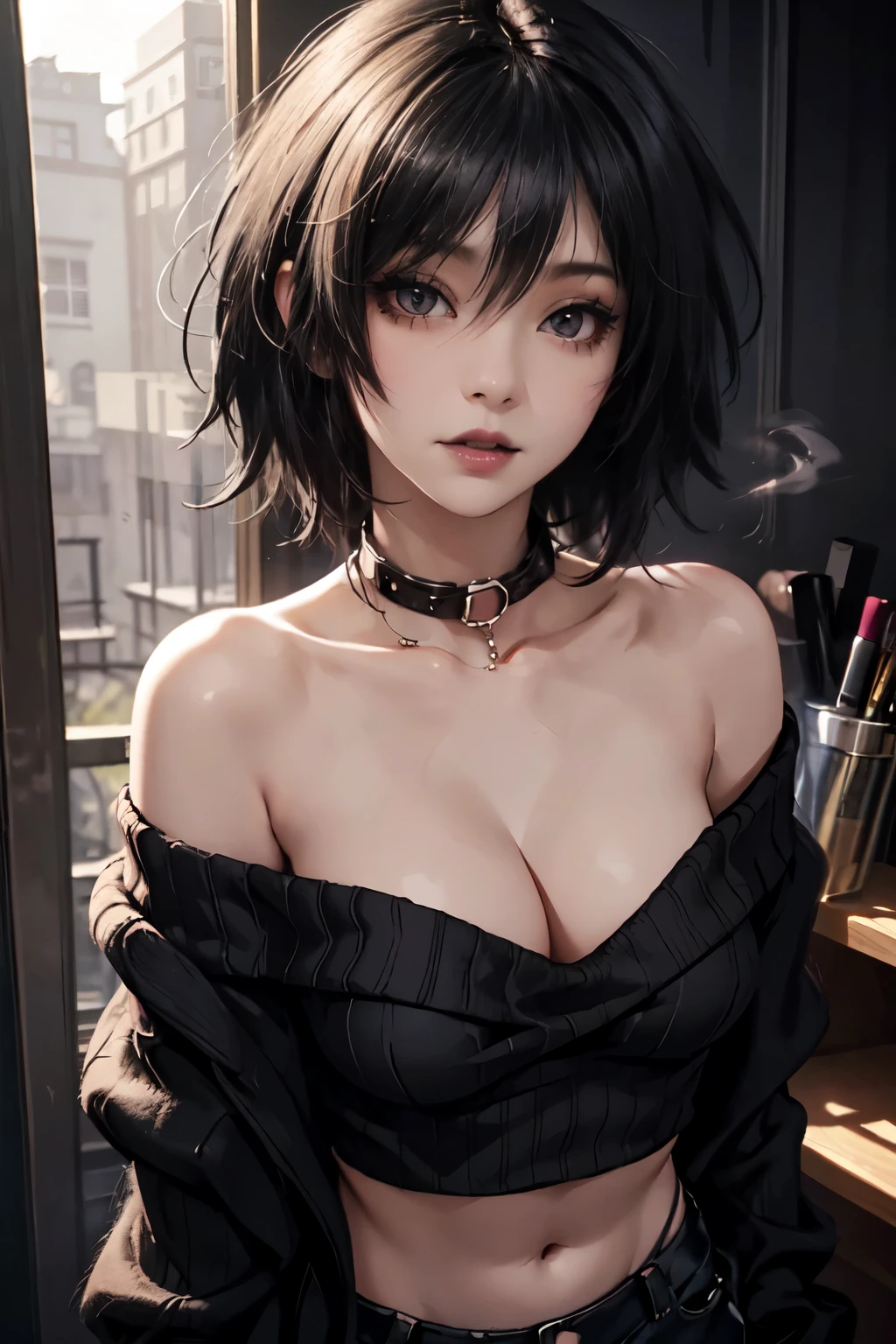 Girl, woman, emo_hairstyle, black lipstick, dog collar, eyeliner, eye shadow, smoky eyes, realistic lighting, short hair, cleavage, midriff sweater, short top, standing up, off shoulder, strapless, shiny skin, arched back.