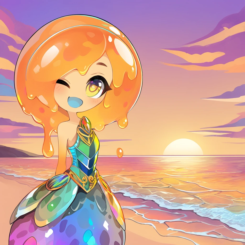 Slime Girl with translucid orange-yellow slime-skin and has a iridescent abalone shell that swirls with colors dressed in shell armor on the beach at sunset in anime art style