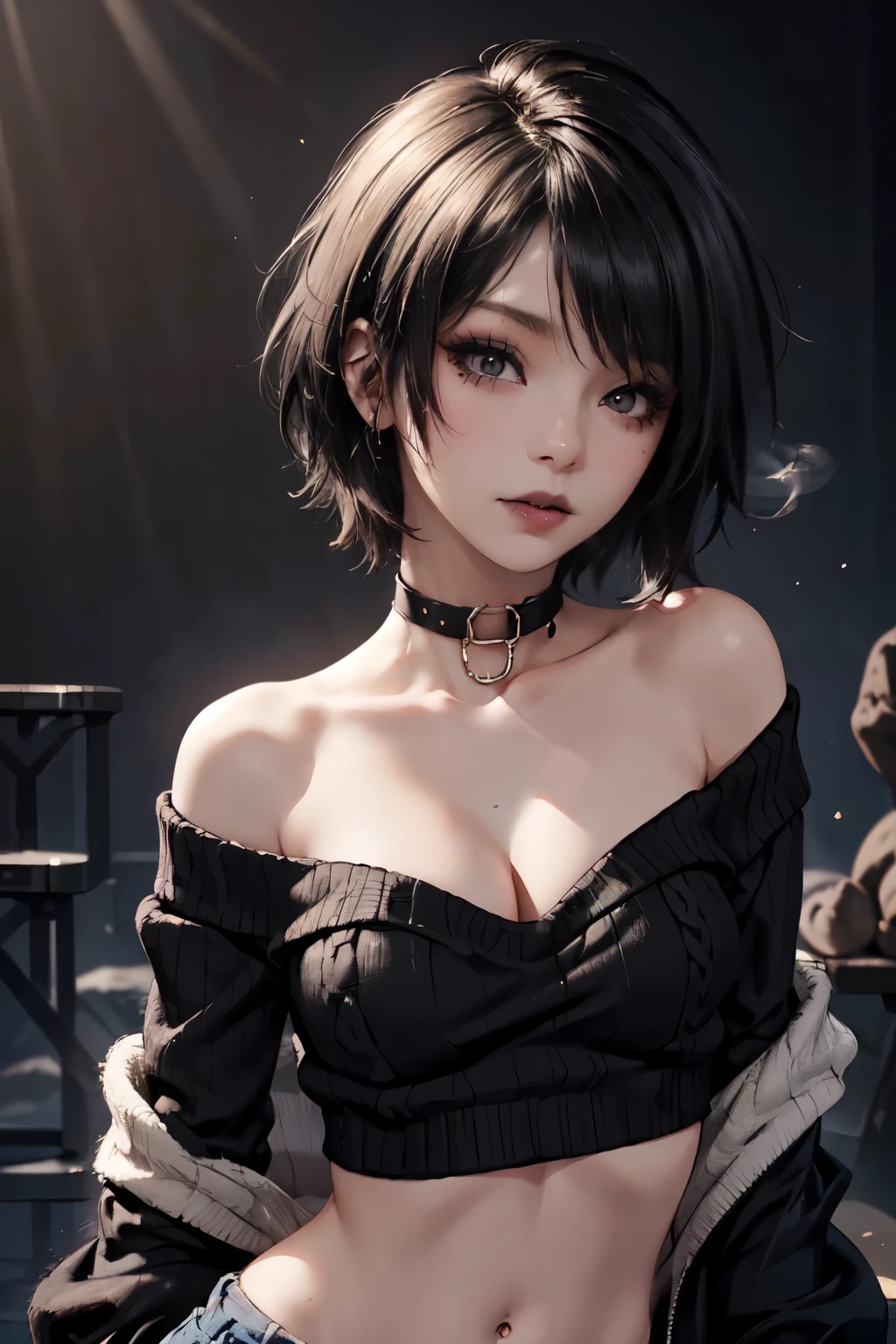 Girl, woman, emo_hairstyle, black lipstick, dog collar, eyeliner, eye shadow, smoky eyes, realistic lighting, short hair, cleavage, midriff sweater, short top, standing up, off shoulder, strapless, shiny skin, arched back.