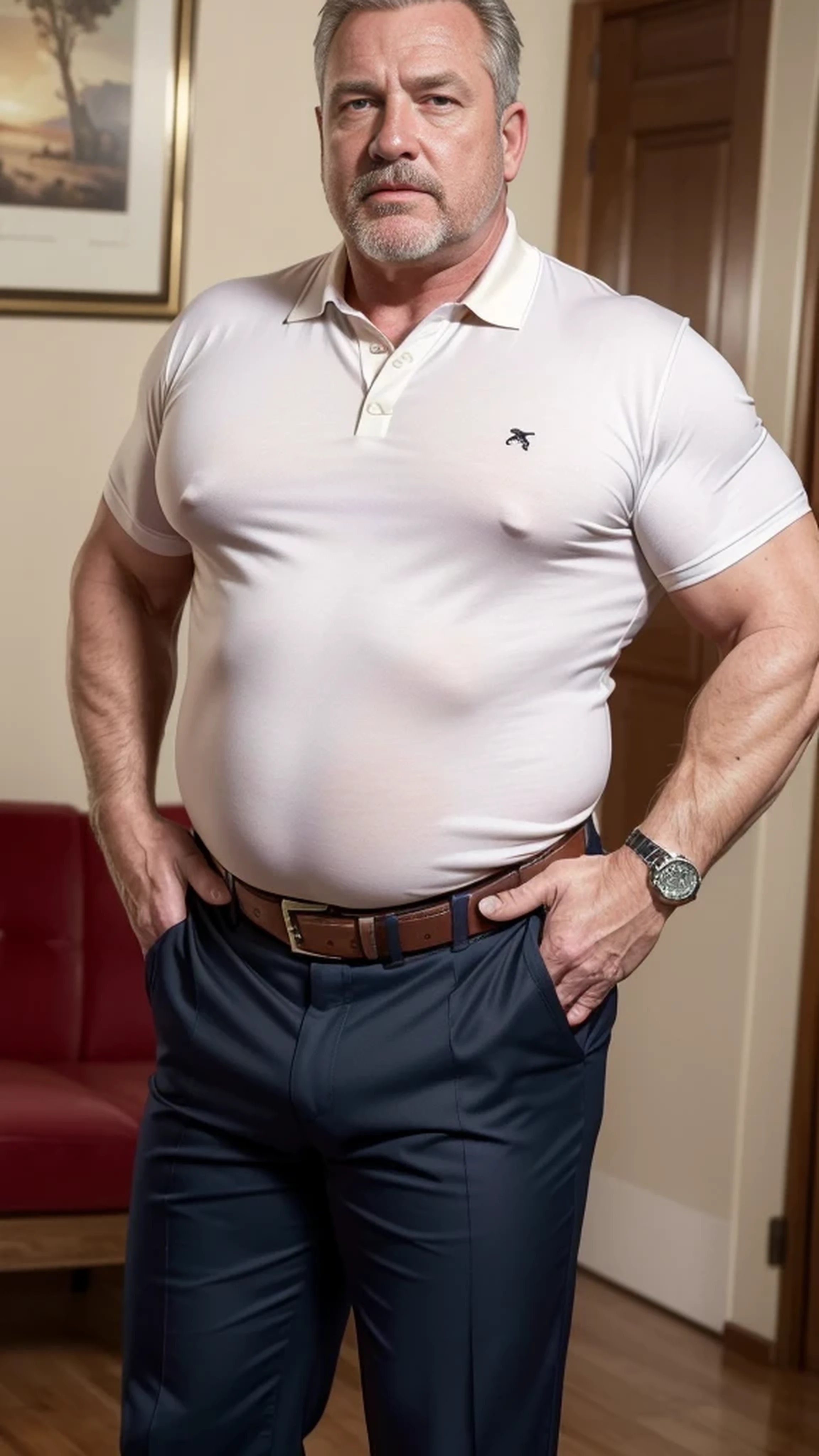 (best quality,4k,8k,highres,masterpiece:1.2), age 60, white man sheriff , horny disgusting, muscular chubby, kind, opened red polo shirt , mature daddy, Dress Pants with big bulge, hairy chest hard nipple, belt, loafer,