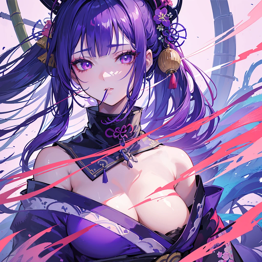 a girl with purple hair, left eye blue and right eye red, holding a bamboo in her mouth, wearing a torn kimono, detailed face, beautiful detailed eyes, beautiful detailed lips, extremely detailed eyes and face, long eyelashes, masterpiece, 8k, high quality, digital painting, vibrant colors, dramatic lighting, surreal, fantasy