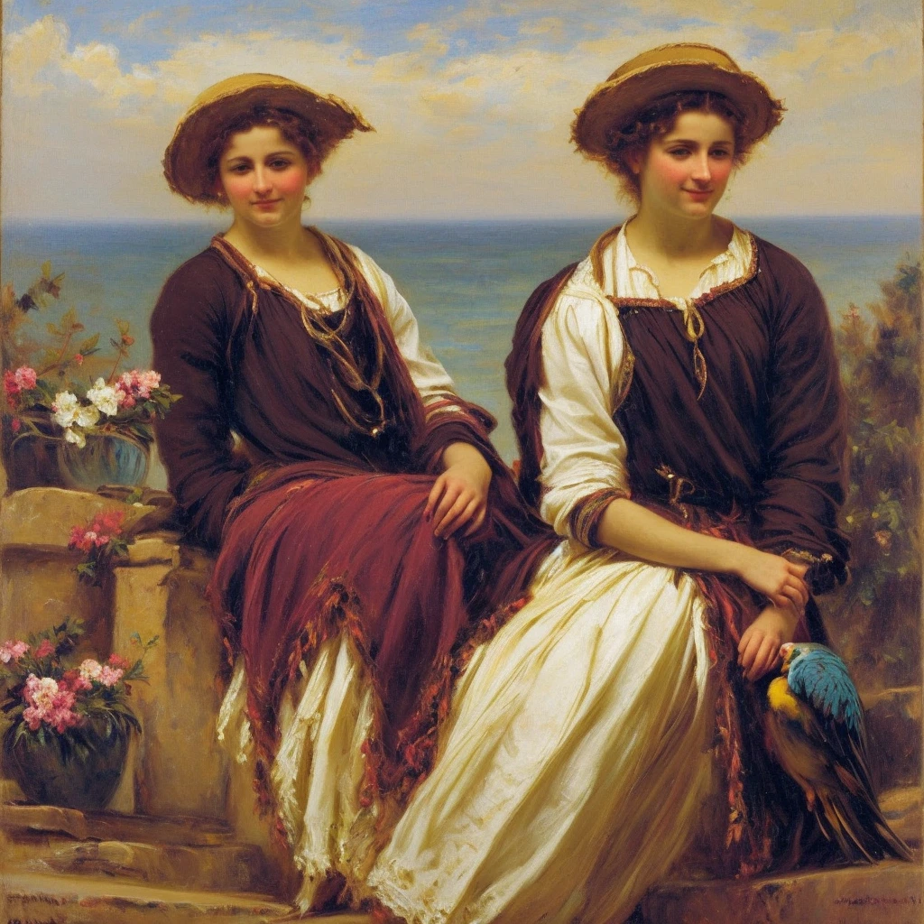 oil on canvas, a beautiful young pirate woman with resemblance to Mckenna Grace sitting with a parrot, on stone steps of an old lighthouse, smiling and looking at the camera, landscape of an epic afternoon , flowers adorn his head, natural lighting, style of william-adolphe bouguereau