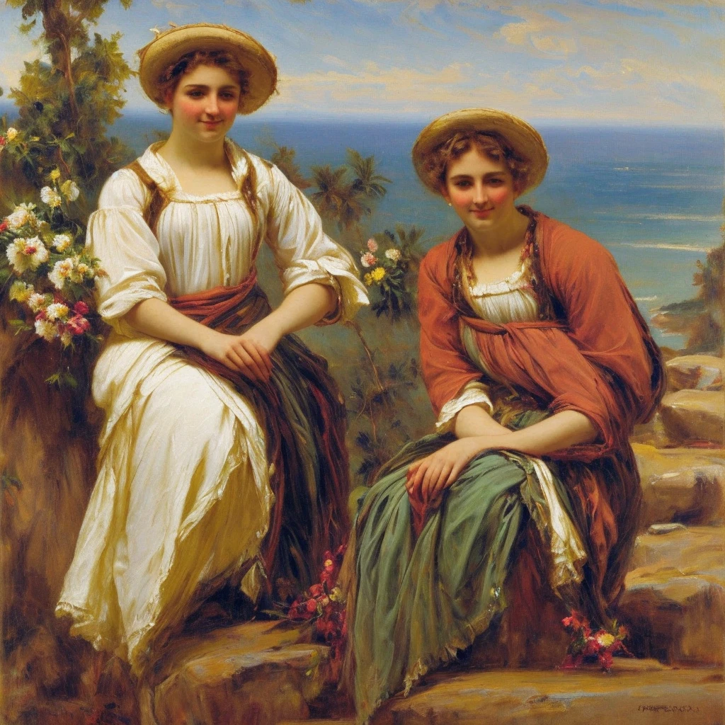 oil on canvas, a beautiful young pirate woman with resemblance to Mckenna Grace sitting with a parrot, on stone steps of an old lighthouse, smiling and looking at the camera, landscape of an epic afternoon , flowers adorn his head, natural lighting, style of william-adolphe bouguereau