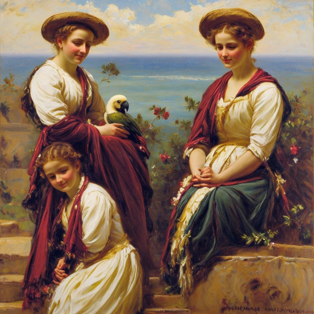 oil on canvas, a beautiful young pirate woman with resemblance to Mckenna Grace sitting with a parrot, on stone steps of an old lighthouse, smiling and looking at the camera, landscape of an epic afternoon , flowers adorn his head, natural lighting, style of william-adolphe bouguereau