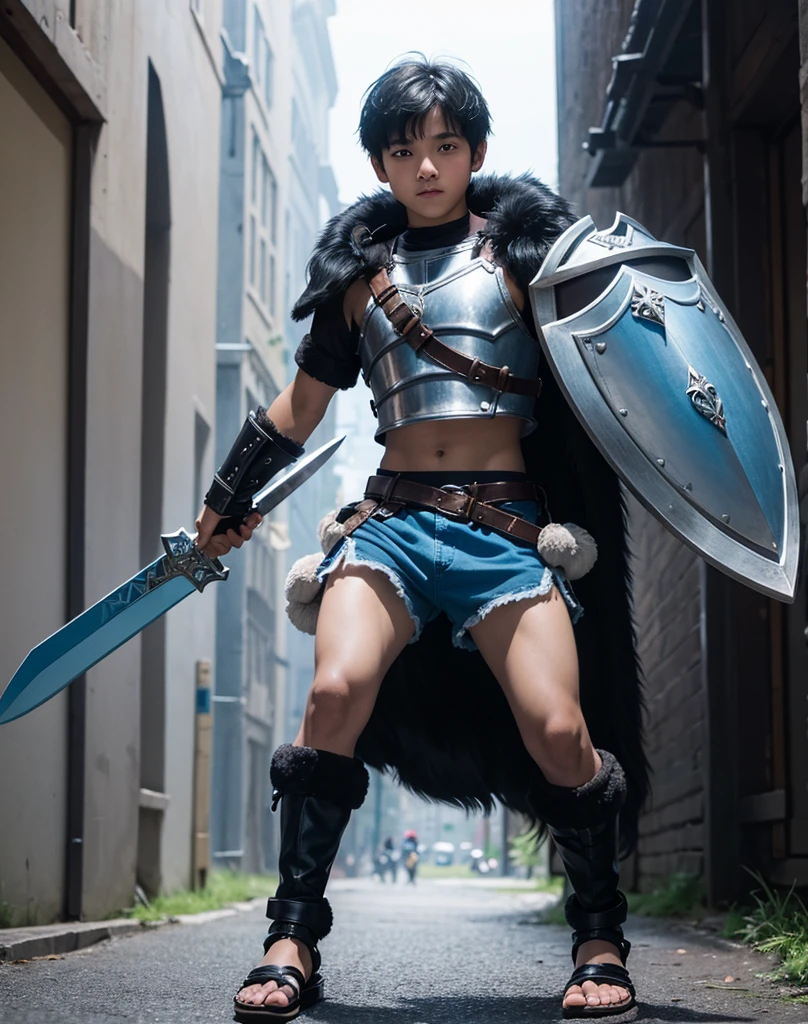 Young 13-year-old boy with black hair and brown eyes, innocent and happy, dressed in short neon-blue medieval barbarian clothes, fur shorts, light-blue battle armor, weilding silver sword and shield, sandals; fullbody; short hair, boyish athletic, sexy,