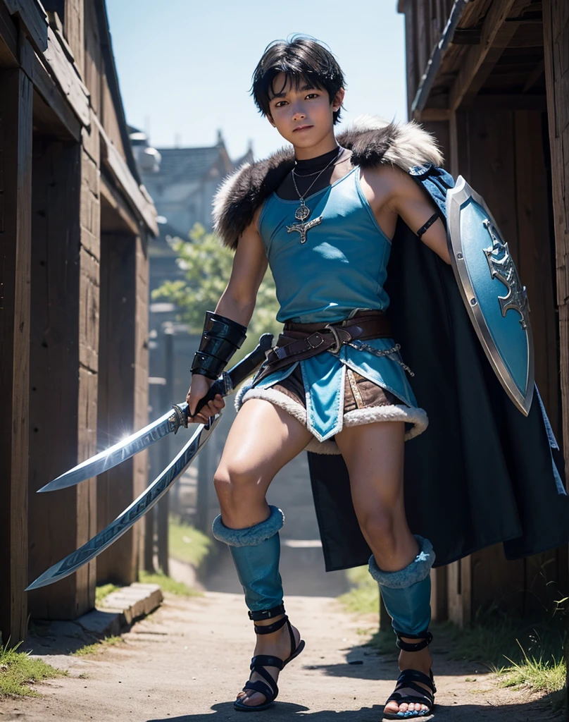 Young 13-year-old boy with black hair and brown eyes, innocent and happy, dressed in short neon-blue medieval barbarian clothes, fur shorts, light-blue battle armor, weilding silver sword and shield, sandals; fullbody; short hair, boyish athletic, sexy,