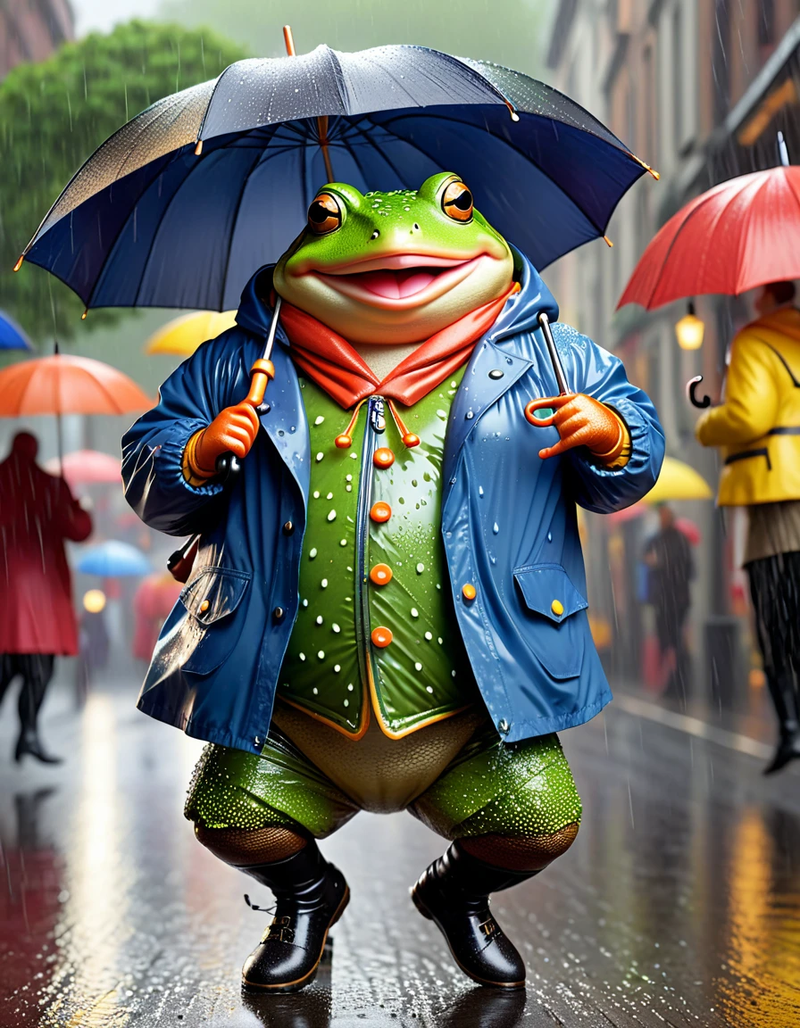 photorealistic portrait of Dressed animals - a ((fat)) ((toad)) dancer,(holding umbrella:2.0), (dynamic dancing:2.0), (jumping :2.0),(happy smile:1.5),high quality,(happy),(lovely) ,intricate details, (heavy rain makes her wet), highly detailed (( hoody rain coat)) ,highly detailed umbrella, Wearing rain coat and rain boots , , (happy), soft lighting,(full body image:1.5),rainy street background,(viewed from side:2.0),