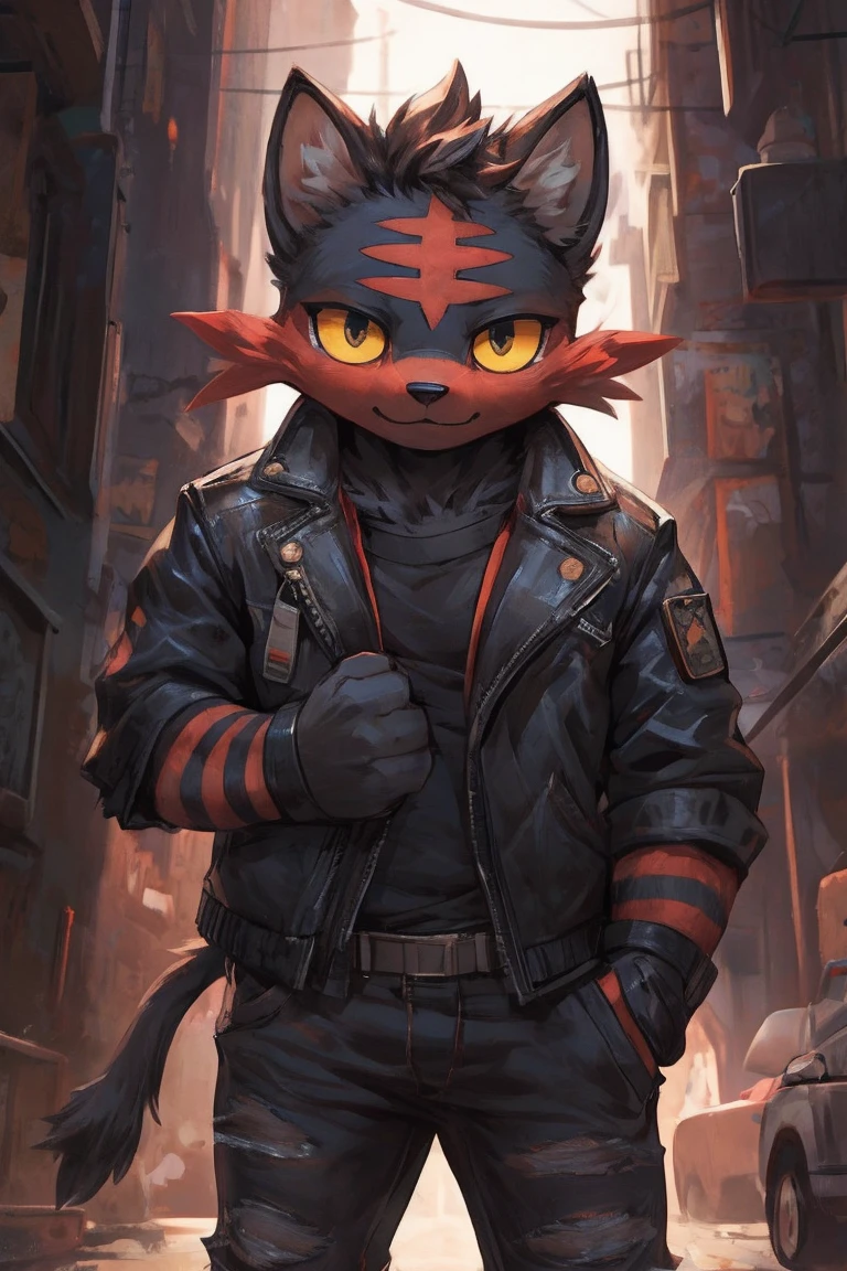 litten, furry, male, solo, looking at viewer, good boy, ultra detailed, front view, hugging pose, (open clothing), punk jacket, tear jeans. perfect lighting, CG, detailed fur texture, by Pino Daeni, niji. in alley. bust portrait, pants down, black fur, white ears, yellow eyes,young,cub, small_head