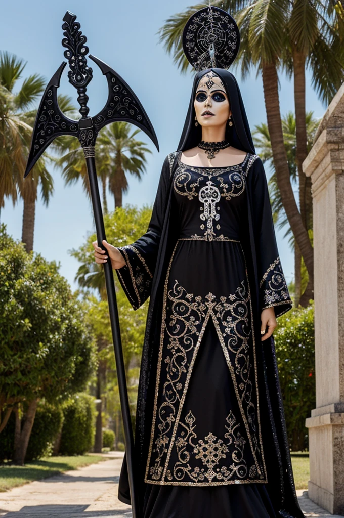 Statue of the Santísima Muerte with her scythe and realistic black sequins tunic
