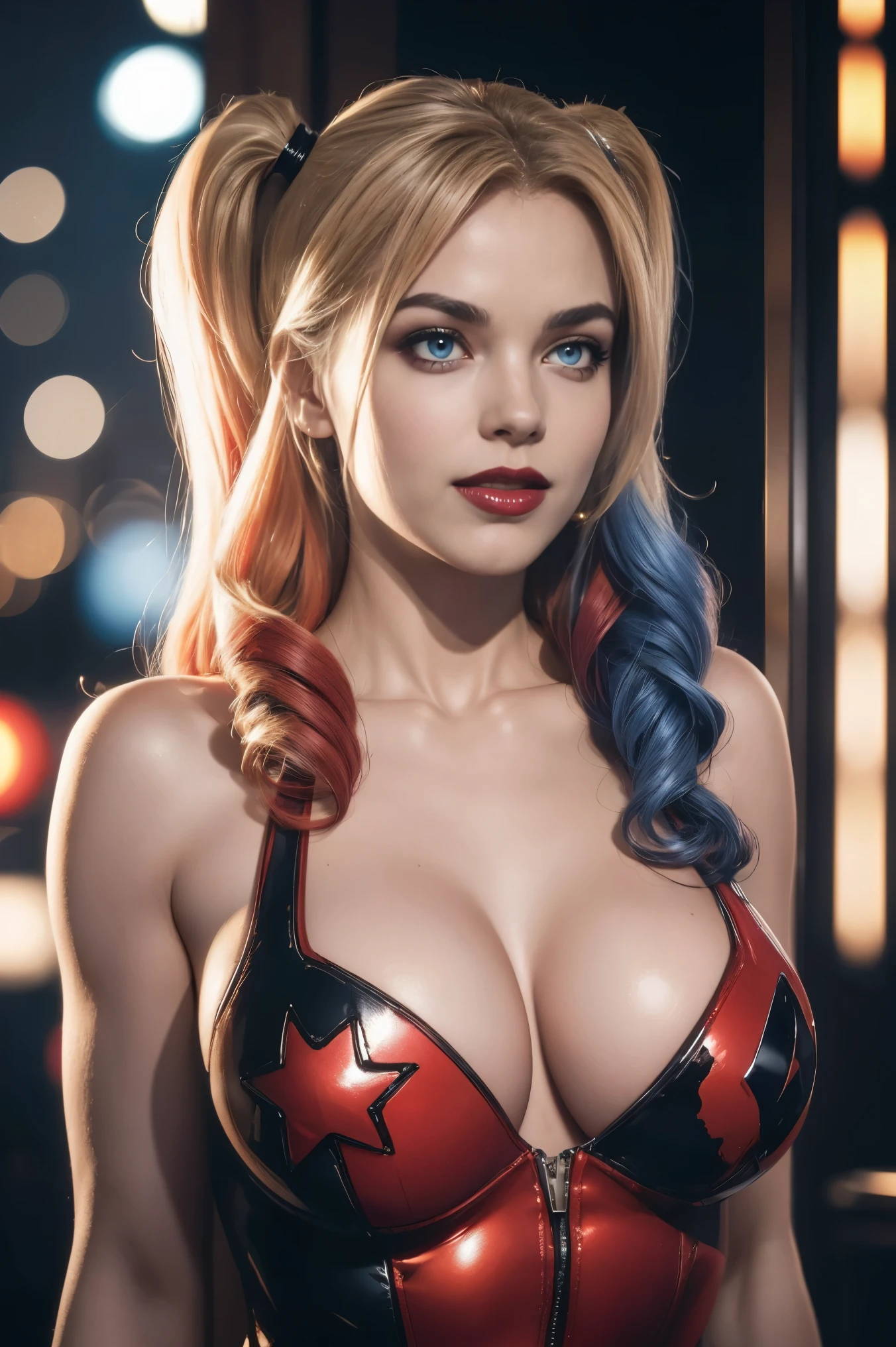 straight-on,upper-body,looking a viewer, BREAK, cartoony_Harley Quinn ,lipstick,blue eyes,makeup,lips,large breasts,clavicle,red-lips,c,,Bodysuit,cleavage,,glittering,center opening, BREAK, official arts,extremely detailed CG unity 8k wallpaper, perfect lighting,Farbeful, Bright_front_s face_illumination,sparkly skin, (Masterpiece:1.0),(Best_Quality:1.0), extra high resolution,4K,Ultra-detailed, photografic, 8K, HDR, hight resolution, (absurdress:1.2), Kodak portra 400, Film grain, blurred background, (bokeh:1.2), lens flare, (Vibrants_Farbe:1.2),professional photo of a, (Beautiful_s face:1.5), Protruding Breasts, torpedo , show skin, slutty, naughty, mischievious, crazy