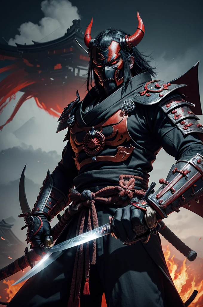 (demon samurai)、(Wearing a demon mask)solo man, glowing eyes、Like the whole body、(Armed with a long sharp knife)、Stand facing the front,magnificent artwork、((Kyoto Panel Painting Style))、Wind-effect:1.9、Cloud Effects:1.2、Full Rendering、Encaustic Painting,unrealengine,
