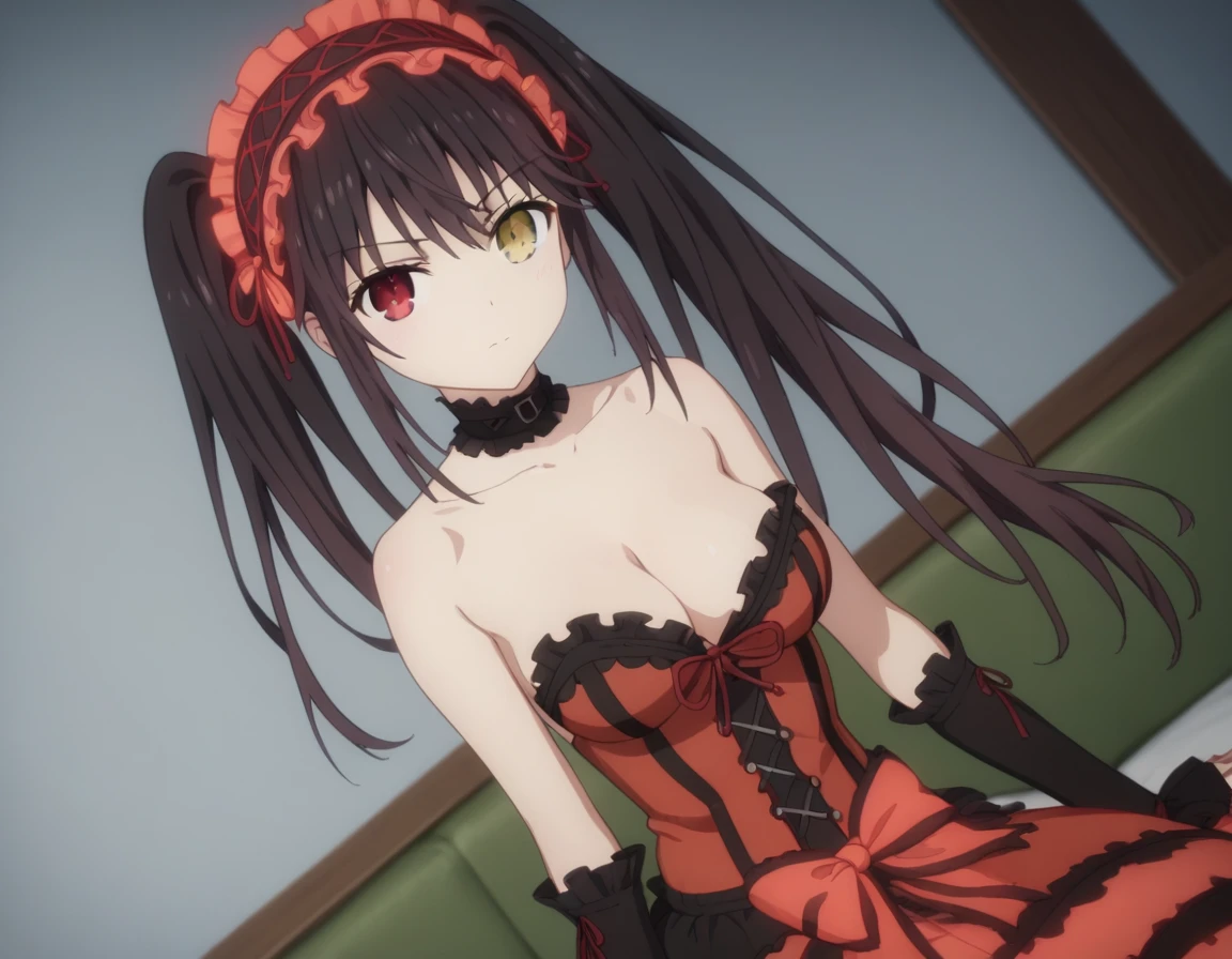 kurumi tokisaki, black hair, red eyes, long hair, twintails, yellow eyes, hairband, heterochromia, dress unbuttoned, red dress unbuttoned, bare shoulders, collarbone, choker, bowtie, red bowtie, detached sleeves, corset unbuttoned, frills, cleavage unbuttoned,sitting,legs open, looking at viewer, cowboy shot, dutch angle,showing naked breasts, medium large breasts, showing naked breasts ,li(cowboy photo: 1.5)