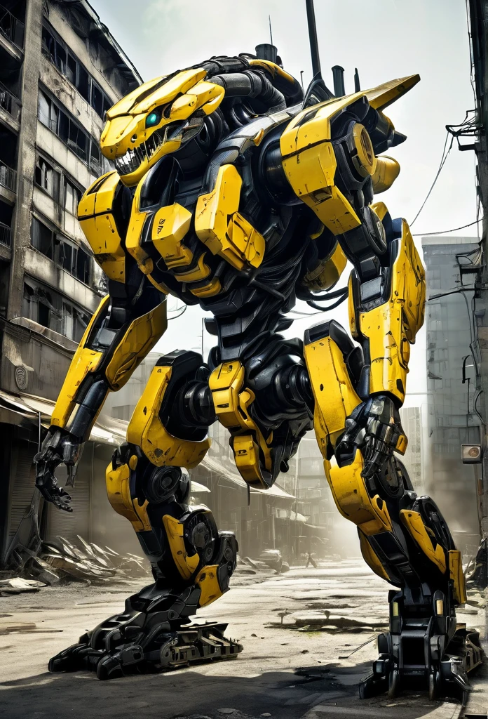 giant mecha snake, enemy of Metal Gear Solid character, striking yellow and black, high-contrast lighting, missile launchers, post-apocalyptic urban war city ruin, army, tank, broken environment, tense and foreboding mood, alloy armor, metallic sheen, exoskeleton, ultra realistic, ultra detailed, gears
