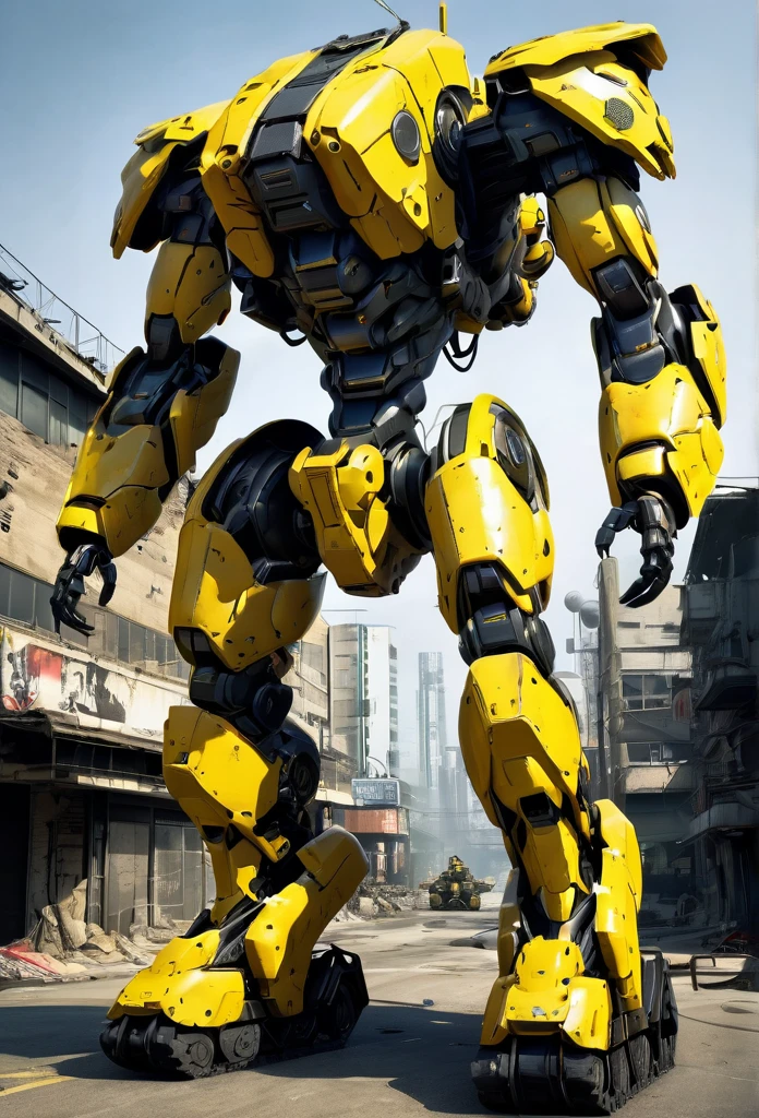 giant mecha snake, enemy of Metal Gear Solid character, striking yellow and black, high-contrast lighting, missile launchers, post-apocalyptic urban war city ruin, army, tank, broken environment, tense and foreboding mood, alloy armor, metallic sheen, exoskeleton, ultra realistic, ultra detailed, gears
