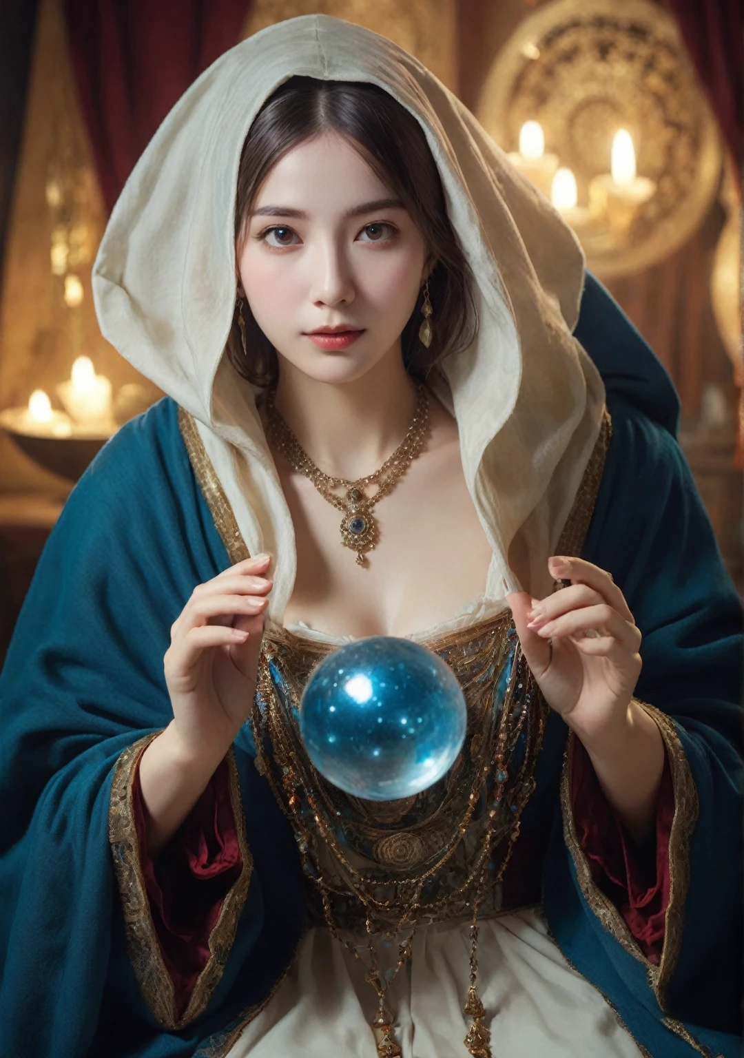 Body orientation: frontal. Female fortune teller. Charming, beautiful and mysterious. She wears a blue cloak and has a clear face. The atmosphere is bright and glittering, full of anxiety and anticipation. The fortune teller is standing. He holds a crystal ball in each hand. The lighting in the room is bright, creating a fantastic atmosphere. Top picture quality, 4K or 8K resolution. The level of detail is very fine and realistic, almost photorealistic. Emphasis on mystical and mysterious themes. The fortune teller's cloak is decorated with metal edging and intricate designs with a thickness ratio of 1.5. The overall atmosphere is starry and fantastic. The expression on the fortune teller's face should arouse mystical interest.
Translated with DeepL.com (free version)