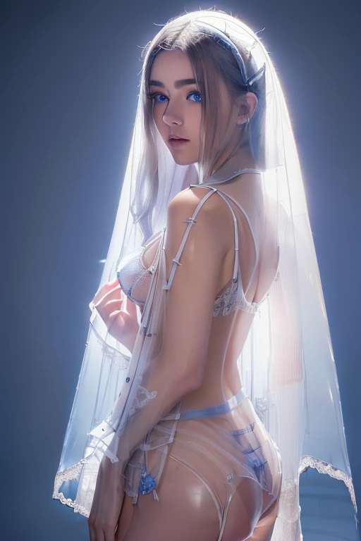 Full body shot of a beautiful white-haired in 8K, (complicated, Almost no clothes:1.2, Very transparent lingerie:1.7), complicated, Beautiful Face, elegant, Very detailed, Digital Hyper-Realistic Photography, Surreal photo effects, Shyness, (masterpiece, Side Lighting, (Beautiful detailed blue eyes: 1.2), The youngest looking face,