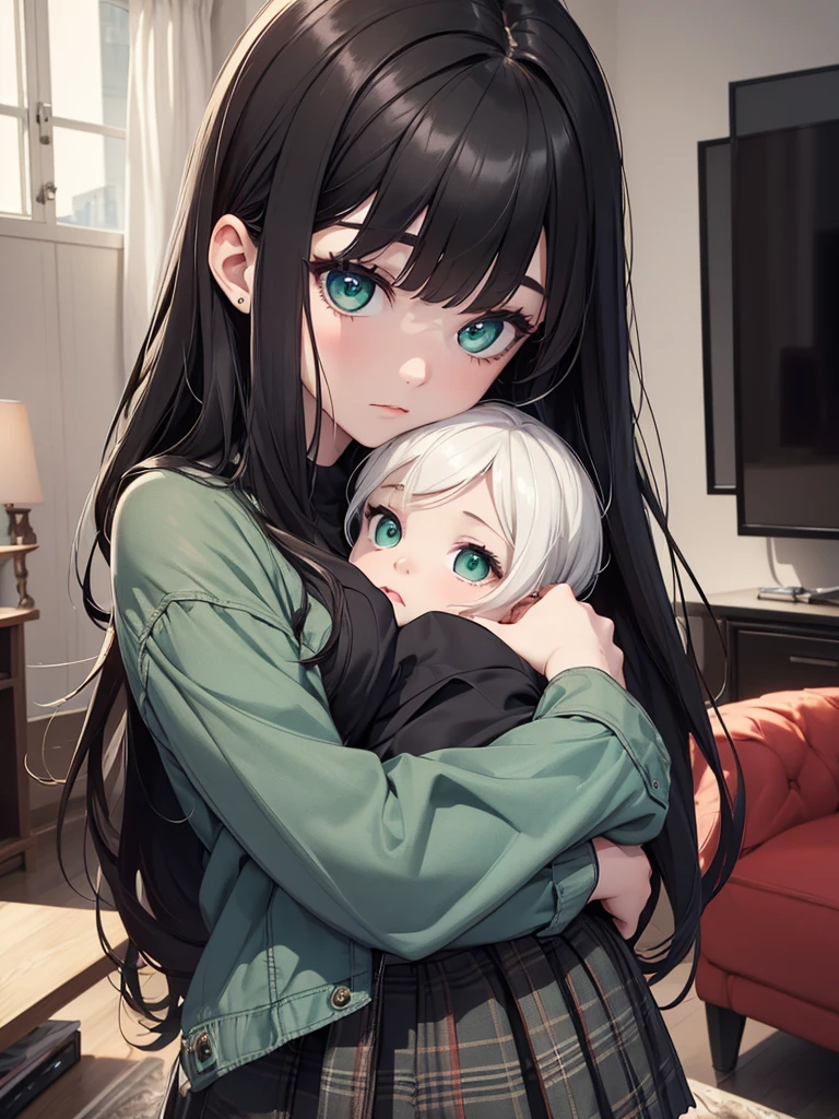 (8K, Best Quality, Masterpiece, Ultra High Resolution) 1 Girl, Woman, Beautiful Eyes, Face Details, Dark Black Hair, Long Hair, Green Eyes, Pale Skin, Black Shirt, Denim Jacket, Plaid Skirt, Holding Baby, In Apartment, Living Room, Best Quality, Upper Body, Looking at the Viewer, Facing Viewer, Close Up
