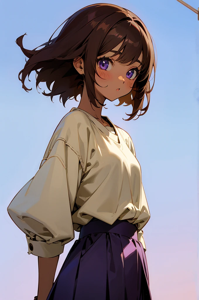 Cute anime style girl with purple details brown hair , brown skin tone 