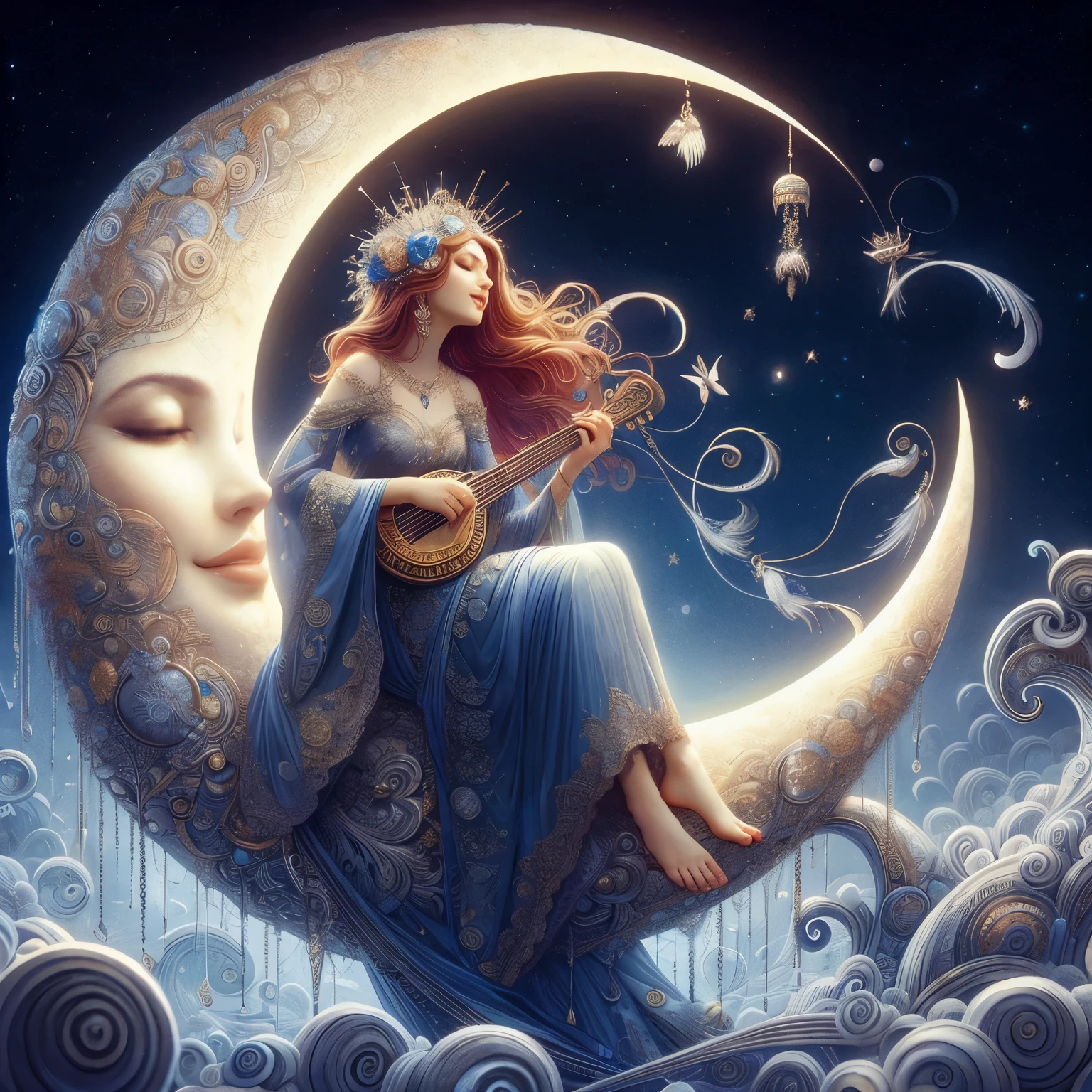 moon queen singing to a crescent moon, sitting on a crescent moon, 8k resolution
