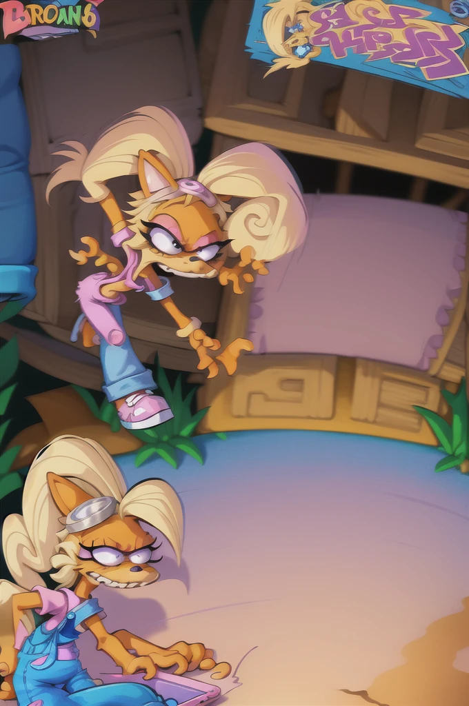 Coco Bandicoot (Crash bandicoot), female, furry, animal ears, orange fur, blonde hair, green eyes, pink eyeshadow, ponytail, long hair, flower on the side of the head, white shirt short sleeves, pink sleeves, denim overalls pants as The Simpson character style cartoon 