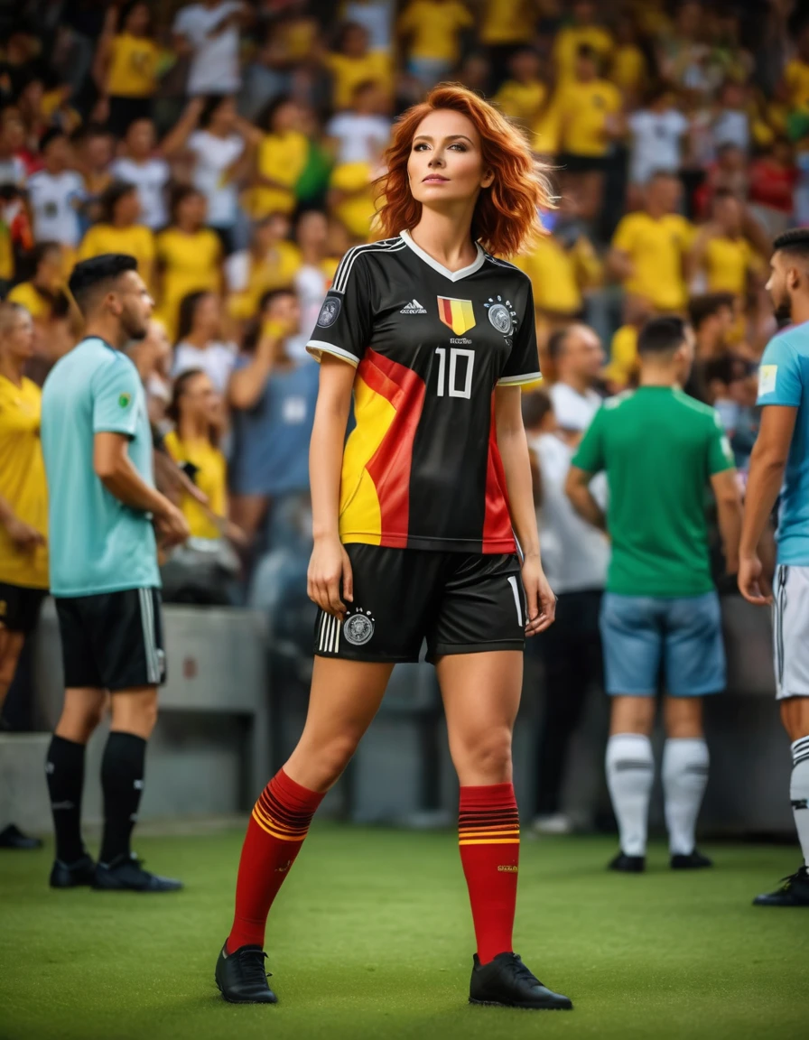 original full-length shot photo with neon light and unique painting, german flag painting colors on the face, a cute readhead deuts women, she is wearing german soccer jersey and attribute in stadium bleacher, goal celebrete pose, floating hair, natural face, dark lighting, supporters atmosphere, prism lensflare effect, motion blur, sporting angle shot style, Ultra highly detailed, realistic skin, film looks, shot by sony a9 with wide lens, photo by Arnau Mas