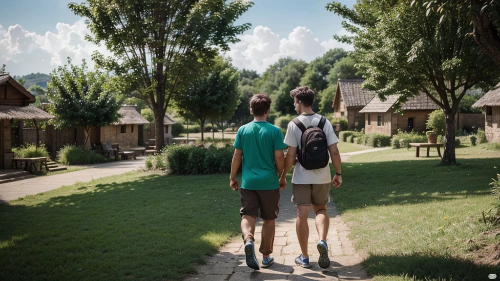 Show two male friends engaging in daily activities together, perhaps helping each other or sharing moments of joy. High quality animation and gree natur village look in background