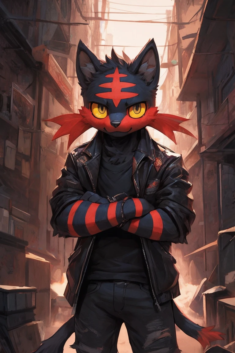 litten, furry, male, solo, looking at viewer, good boy, ultra detailed, front view, hugging pose, (open clothing), punk jacket, tear jeans. perfect lighting, CG, detailed fur texture, by Pino Daeni, niji. in alley. bust portrait, pants down, black fur, white ears, yellow eyes,young,cub, small_head,slim_body