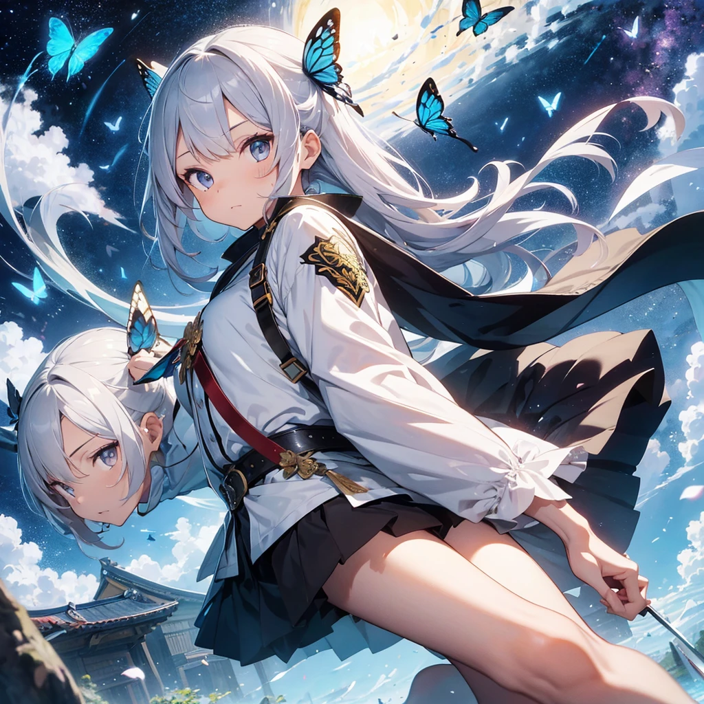 swordsman,1 girl,animal,animal print,belt,belt Buckle up,silver hair,blue Butterfly,Buckle up,loopholes,Butterfly,Butterfly hair accessories,Butterfly on hand,Butterfly print,forehead,glowing Butterfly,gradient hair,hair accessories,Haori,Keep,Keep sword,Keep arms,japanese clothes,Samurai sword,Section Chief Ren,long hair,long sleeve,petal,alone,sword,arms,white belt,white Butterfly,wide sleeves,yellow Butterfly,Keep sword with both hands,sword focus, kitsune mask