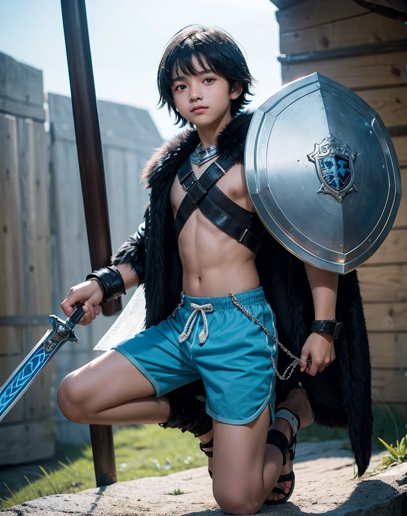 Young 13-year-old boy with black hair and brown eyes, innocent and happy, dressed in short neon-blue medieval barbarian clothes, fur shorts, light-blue battle armor, weilding silver sword and shield, sandals; fullbody; short hair, boyish athletic, sexy,
