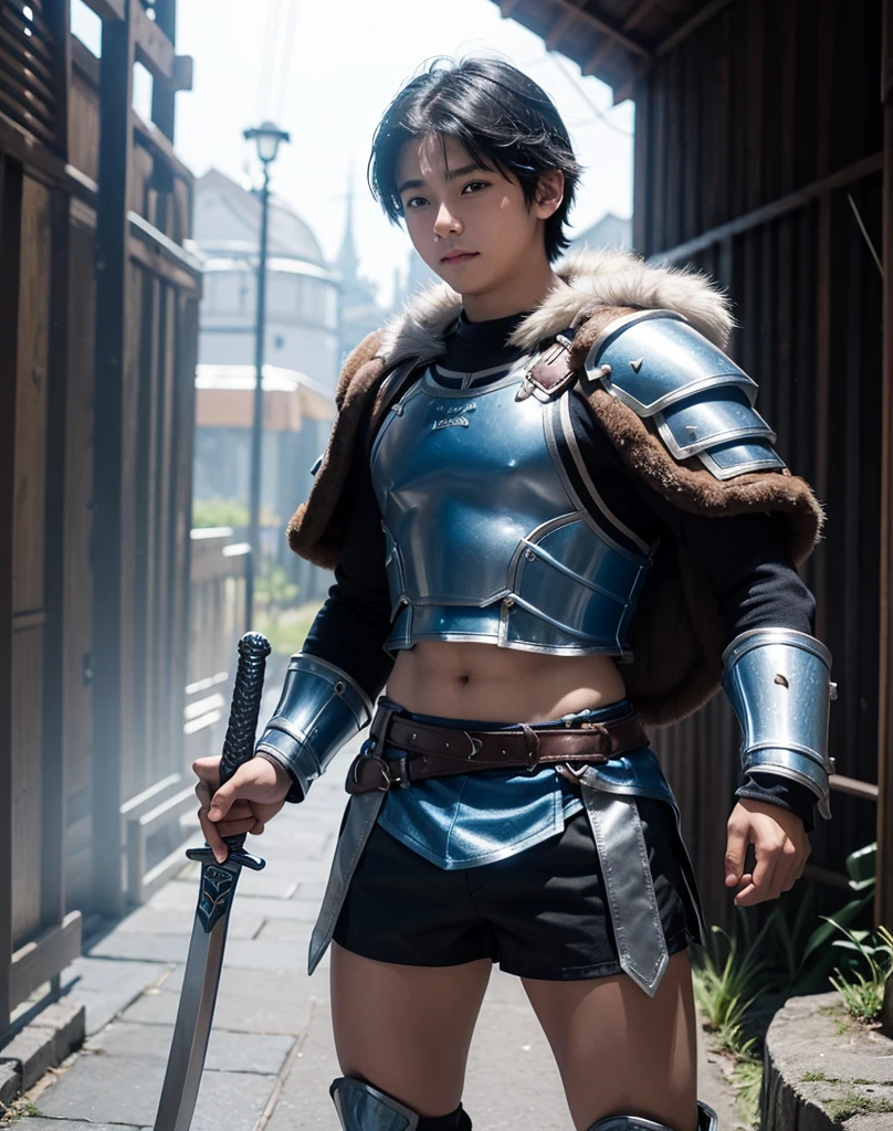 Young 13-year-old boy with black hair and brown eyes, innocent and happy, dressed in short neon-blue medieval barbarian clothes, fur shorts, light-blue battle armor, weilding silver sword and shield, sandals; fullbody; short hair, boyish athletic, sexy,