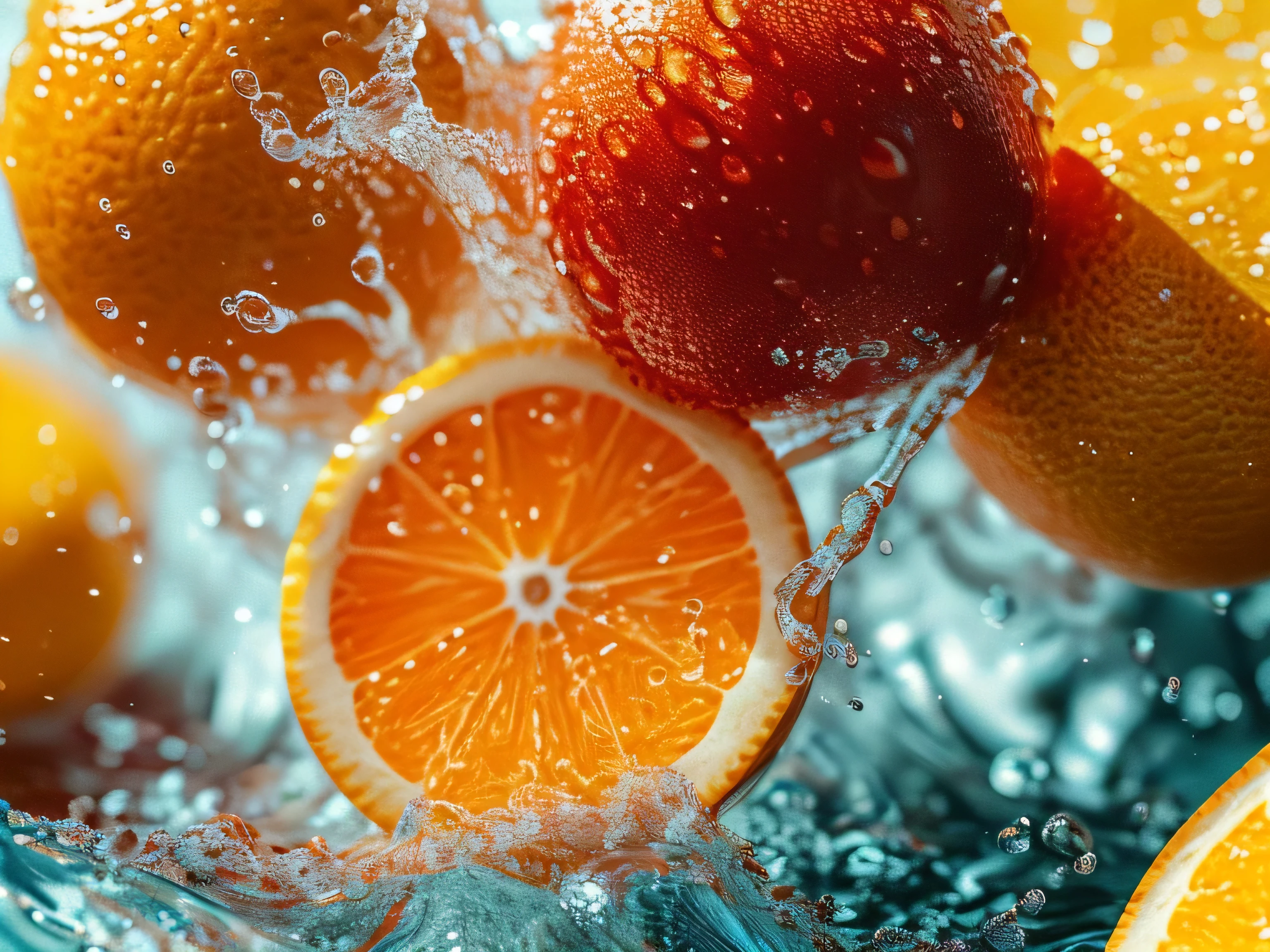 Real photography of 3 oranges falling into water and splashing with water droplets. Commercial advertising style, macro shot, background, warm lighting, cool colors creating splash effect. The cherry is dotted with white light spots, and the cherry falls from above, forming a splashing liquid water ball. HD photography quality.