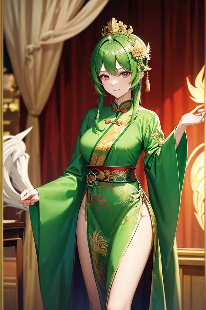 Chinese Queen，Wearing a green phoenix robe，Flirty，wandering，Half-length photo