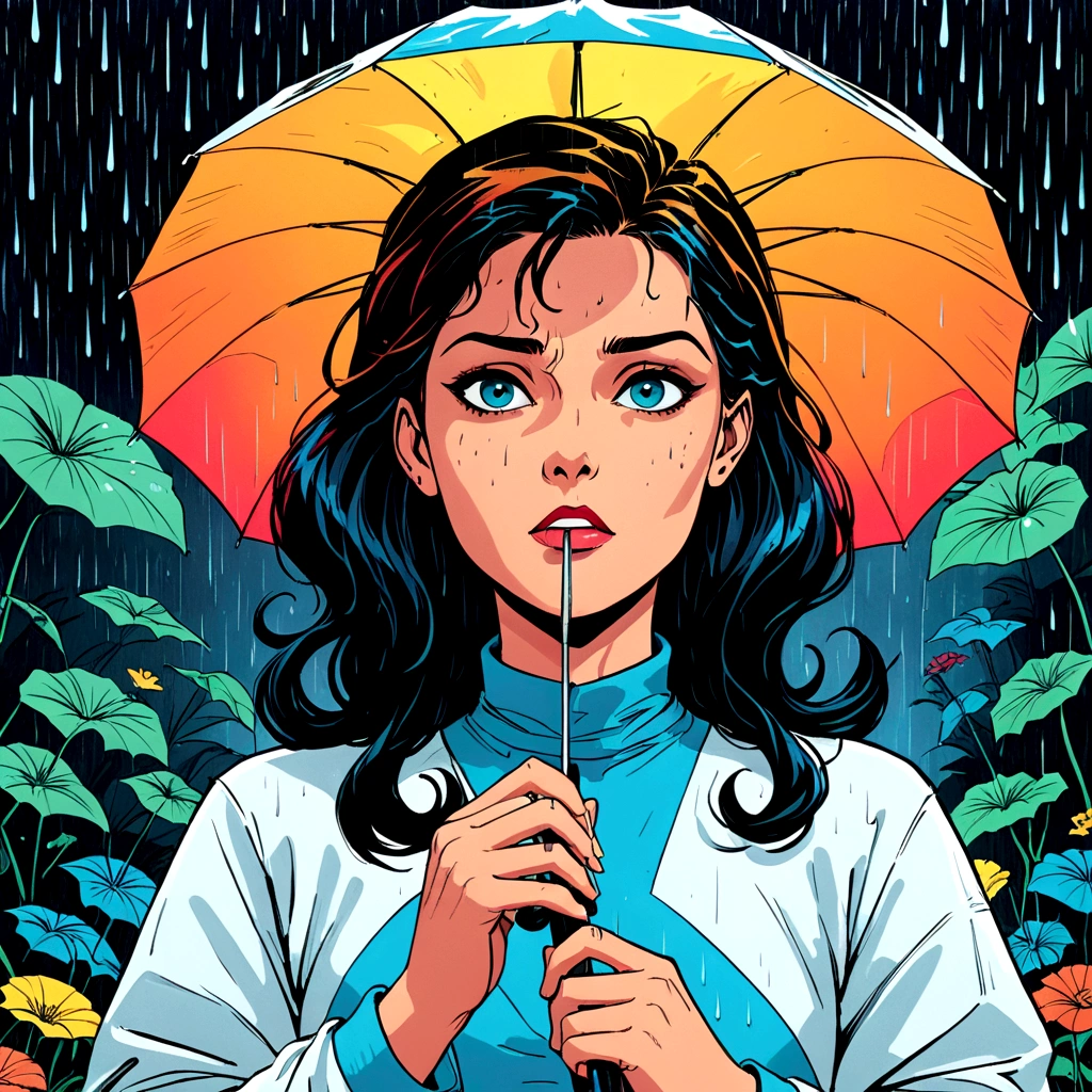 woman holding umbrella, technicolor rain, uv light face mask, , VHS, glitch, distorted, nostalgia, 90's retro vibes, analog tape, vcr aesthetics, tv, television, 1990's cartoon homage), comic 1990's, animated tv show screengrab, cinematic poster, image within image, multiple exposure, massive scale, rich color grading for shading depth, hand drawn rotoscope cartoon realism, chiaroscuro lighting, mixed media, vintage comic, retro original design, 1990's comic, sense of movement energy, A black and white world, holding umbrella, each drop of rain unleashes a ripple of color, bringing color to this otherwise mundane world, color reverberating out from each raindrop as it makes contact with the ground, subtle coloring to enrich the black and white image, rich color grading, sense of depth, shading and shadows