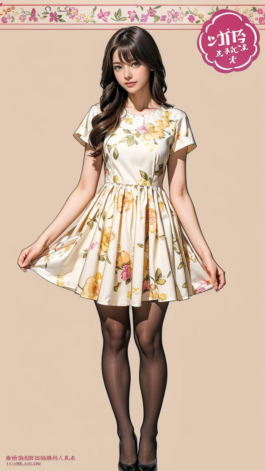 ((masterpiece)),(((Highest quality))),((Character design sheet)),Thin thighs,Long legs,whole body:1.5，(One Girl:1.3),(Beige pantyhose and thick pointed high heels：1.3),(Wearing a floral dress:1.2),Short blonde:1.2、Model pose，