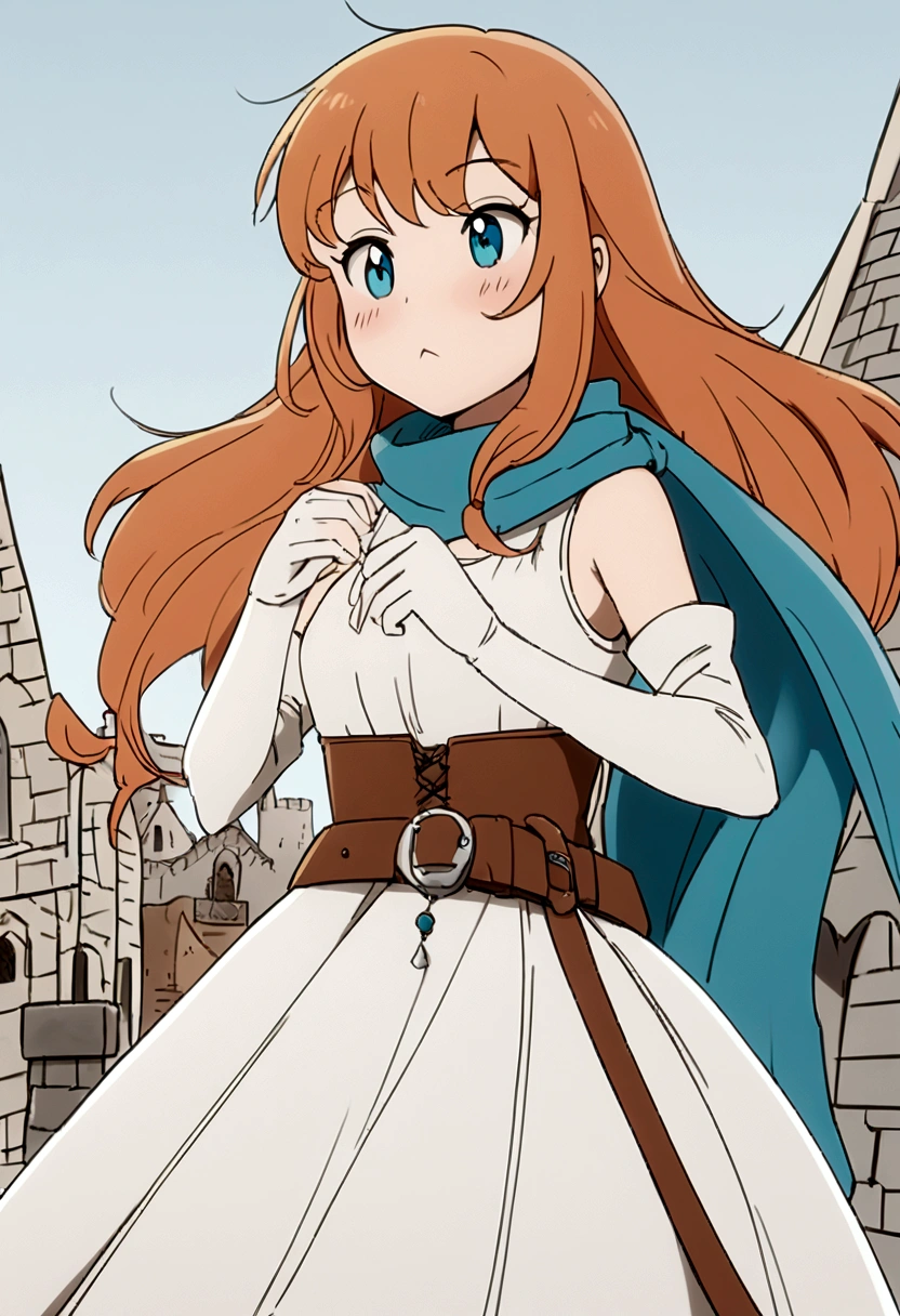 artwork, best qualityer, 2d anime style, White girl, medium length hair,Twin Tails Hair, light orange redhead, blush cheeks, turquoise eyes, long white dress with light blue details, silver details, sleeveless, elbow gloves, light blue scarf, waist belt, docile expression, medieval theme, RPG, fundo do castelo, sky appearing, holding a white scepter with blue details. fully body, conceptual artwork, Brown boots
