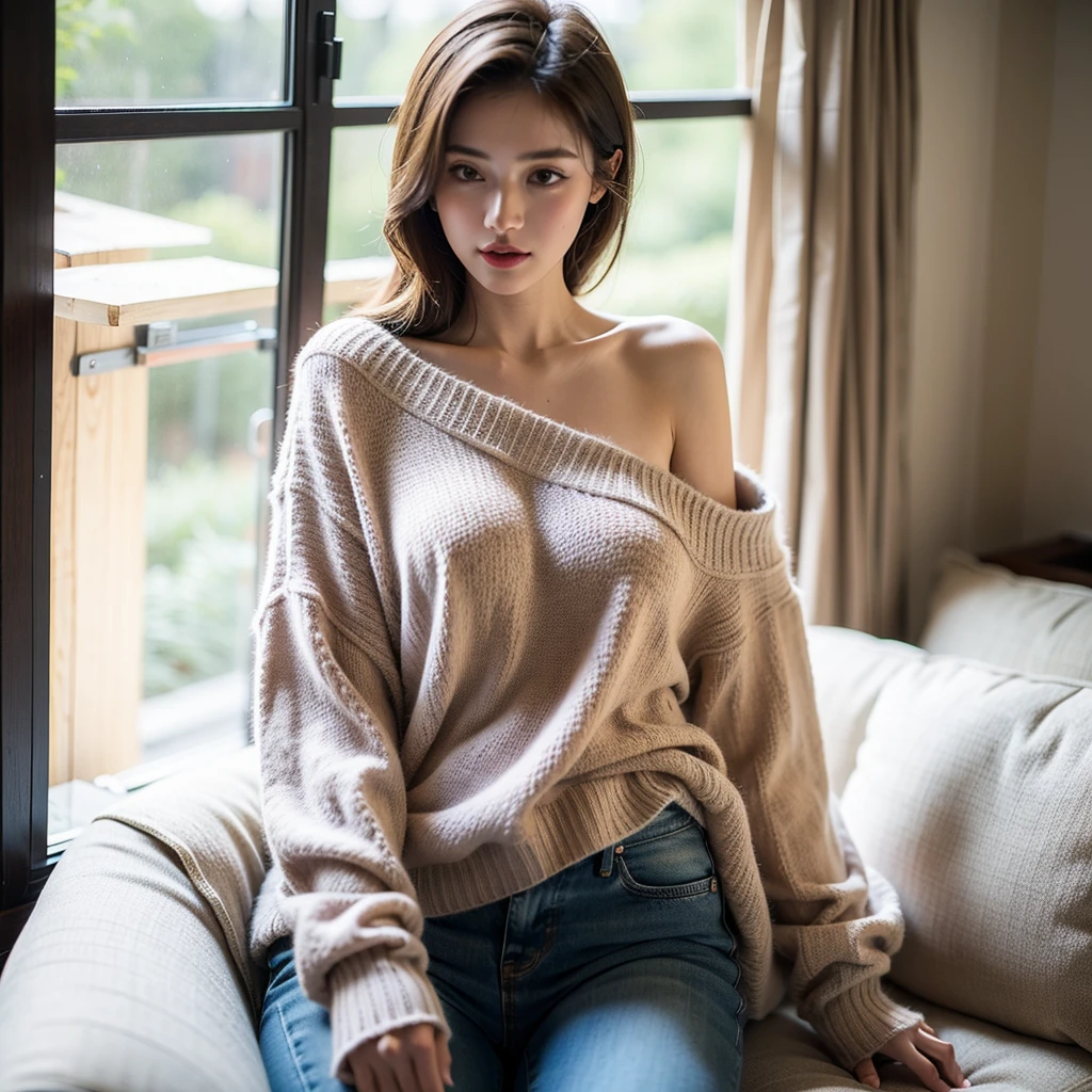 ((best quality)), ((masterpiece)), (detailed), 1girl, off-shoulder sweater,