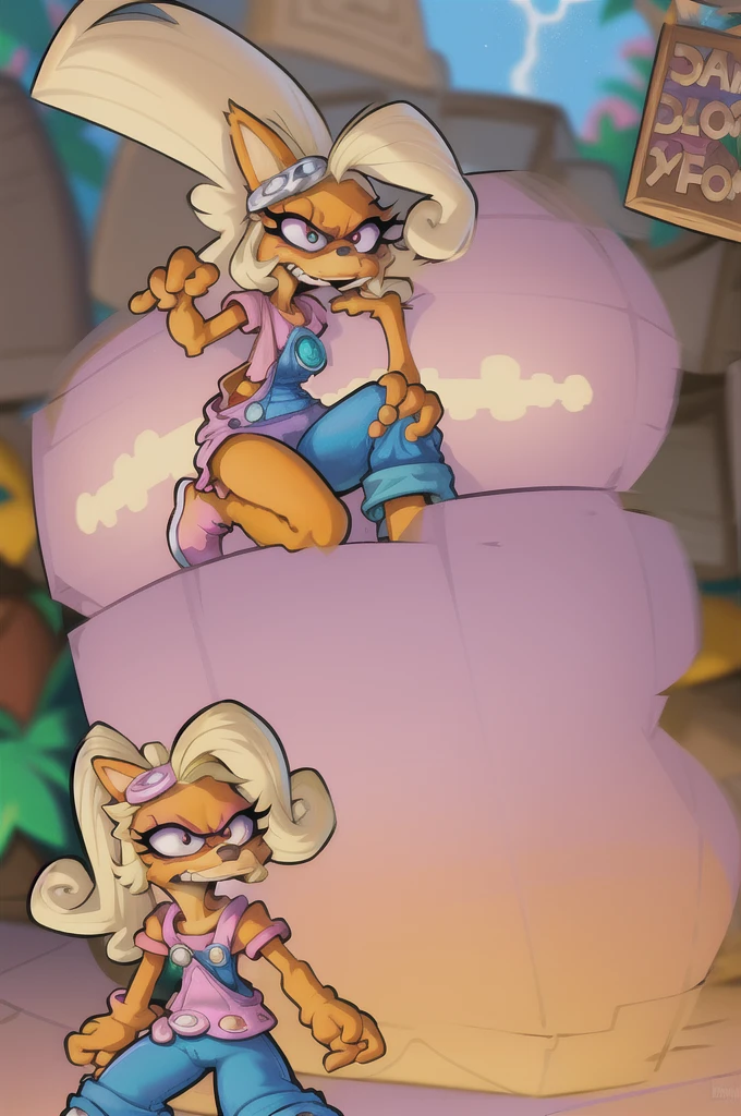 Coco Bandicoot (Crash bandicoot), female, furry, animal ears, orange fur, blonde hair, green eyes, pink eyeshadow, ponytail, long hair, flower on the side of the head, white shirt short sleeves, pink sleeves, denim overalls pants as The Simpson character style cartoon