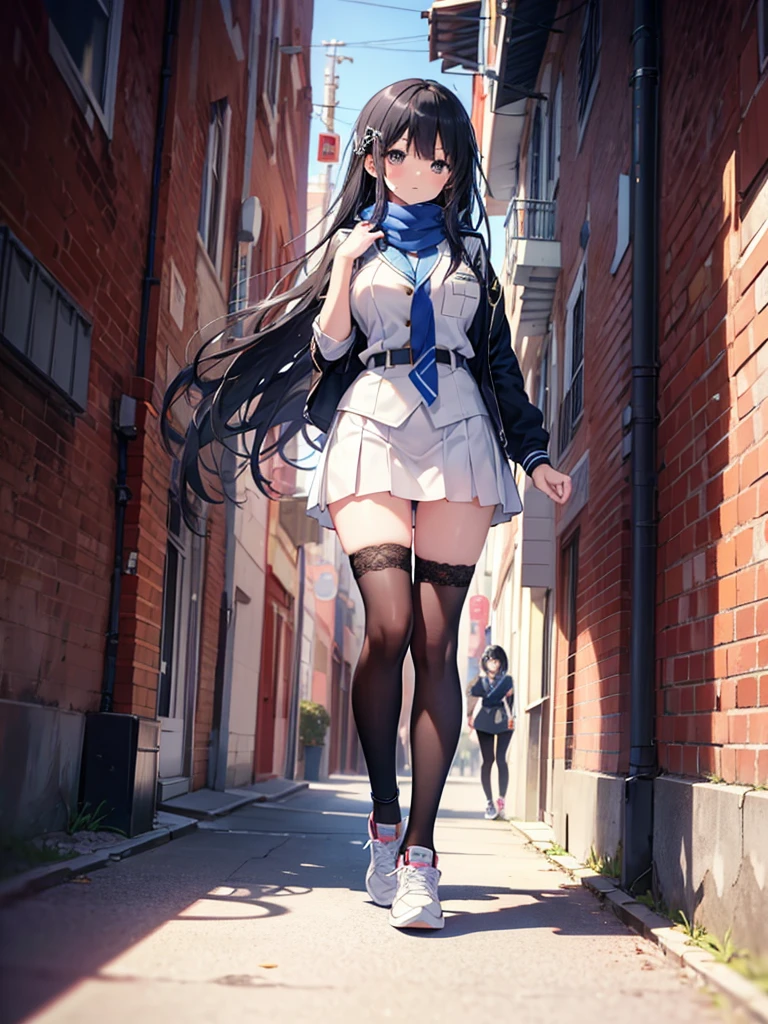 1girl,,legwear,,anklet,black hair,straight_hair,hime cut,long hair,sneakers,huge filesize,scarf，Uniforms，lace,student， breasts，Jacket