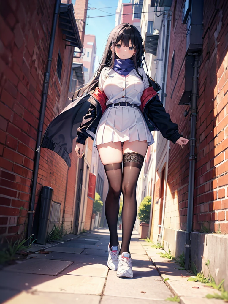 1girl,,legwear,,anklet,black hair,straight_hair,hime cut,long hair,sneakers,huge filesize,scarf，Uniforms，lace,student， breasts，Jacket