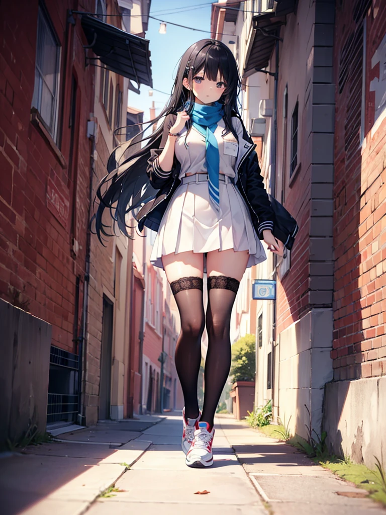 1girl,,legwear,,anklet,black hair,straight_hair,hime cut,long hair,sneakers,huge filesize,scarf,Uniforms,lace,student, breasts,Jacket