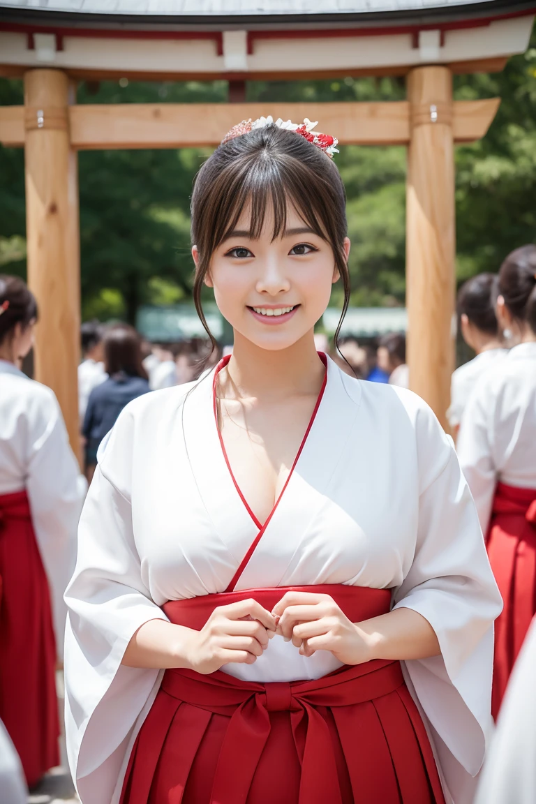 (Highest quality、In 8K、Masseter muscle area、Delicate illustrations)、Beautiful Japanese Shrine Maiden(A kind smile)、(Plump body 1.1)、((White kimono and red hakama)1.1)、Japanese shrines are crowded with people during the New Year.々Bustling with、Full body shot to the toes、Slightly large chest、