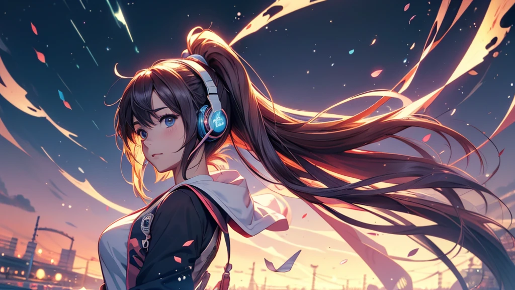 Woman wearing headphones, Anime Style 4 k, anime wallpaper 4k, anime wallpaper 4k, 4k anime wallpaper, anime art wallpaper 4k, anime art wallpaper 4k, Anime Style. 8K, Anime atmosphere, , Ultra HD Anime Wallpaper, Anime Art Wallpaper 8K, Anime Background,landscape、far away、music
